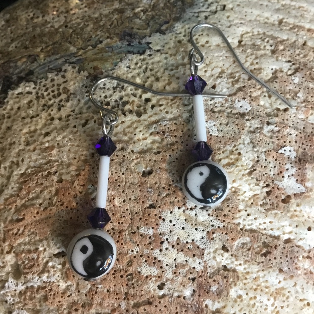 Hand Crafted Porcelain Disc Ying Yang Beaded Dangle Pierced Earrings